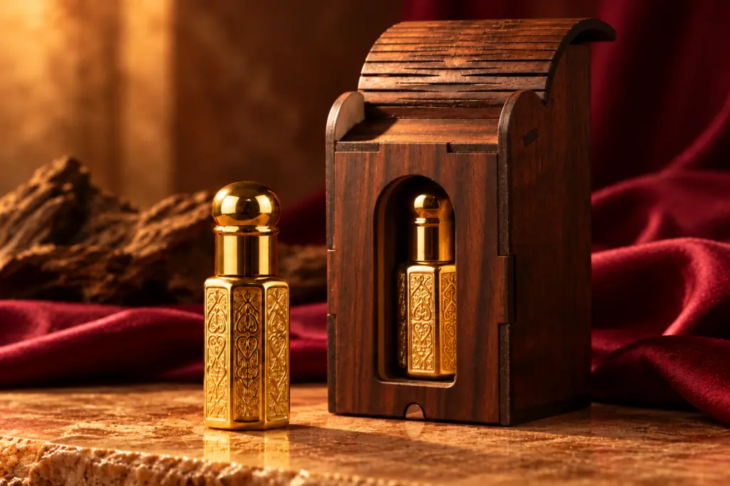 Sirat attar bottle beside its wooden presentation box