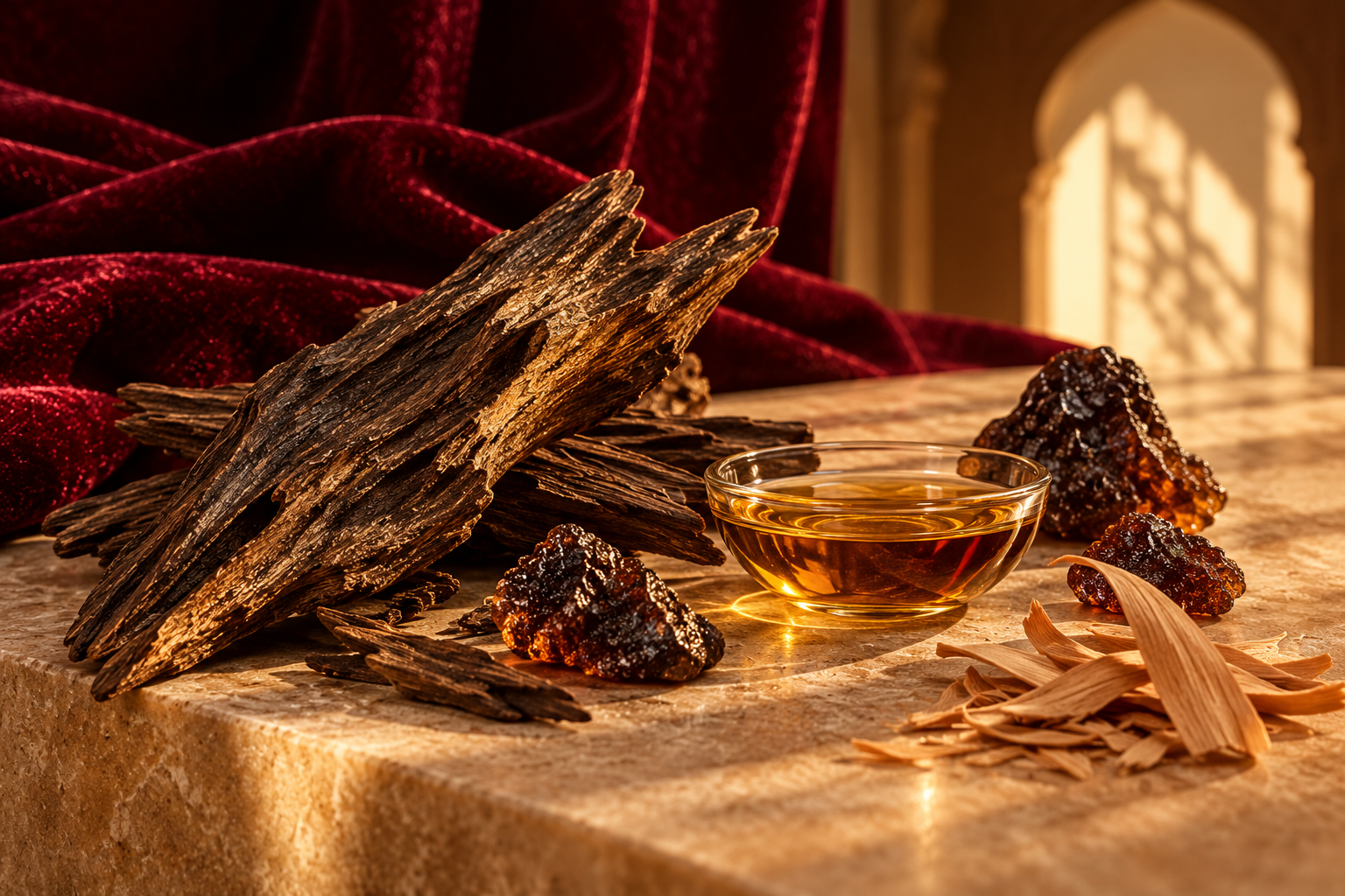 Oud wood, amber oil, and aromatic materials used in attar