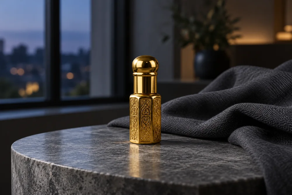 Gold roll-on attar beside charcoal fabric in evening light