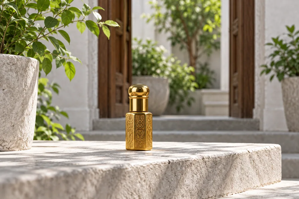 Gold roll-on attar in a light stone courtyard with greenery