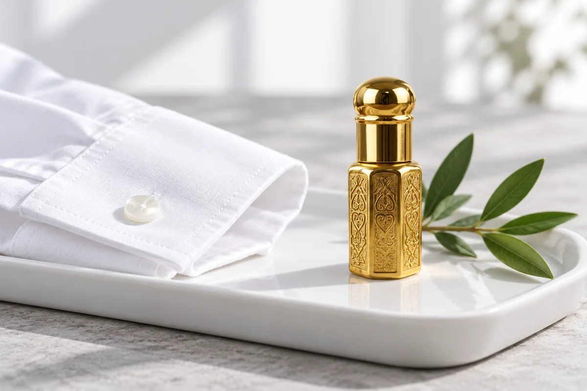Gold 6ml attar bottle styled on a white tray