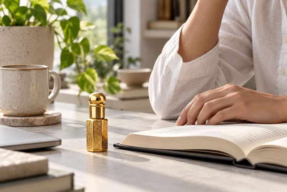 Gold roll-on attar beside a book in a quiet contemporary setting