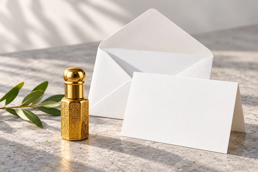 Gold roll-on attar with a white envelope and blank note card